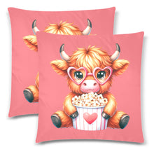 Load image into Gallery viewer, Cute Highland Cow with popcorn Custom Zippered Pillow Cases 18"x 18" (Twin Sides) (Set of 2)