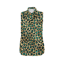 Load image into Gallery viewer, Teal and gold leopard Women's Bow Tie V-Neck Sleeveless Shirt (Model T69)