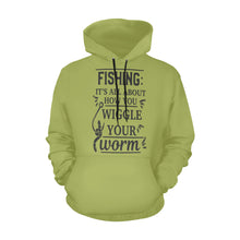 Load image into Gallery viewer, fishing its all about how you wiggle your worm All Over Print Hoodie for unisex (USA Size) (Model H13)