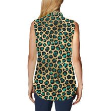 Load image into Gallery viewer, Teal and gold leopard Women's Bow Tie V-Neck Sleeveless Shirt (Model T69)