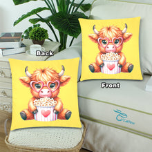 Load image into Gallery viewer, Cute Highland Cow with popcorn Custom Zippered Pillow Cases 18&quot;x 18&quot; (Twin Sides) (Set of 2)
