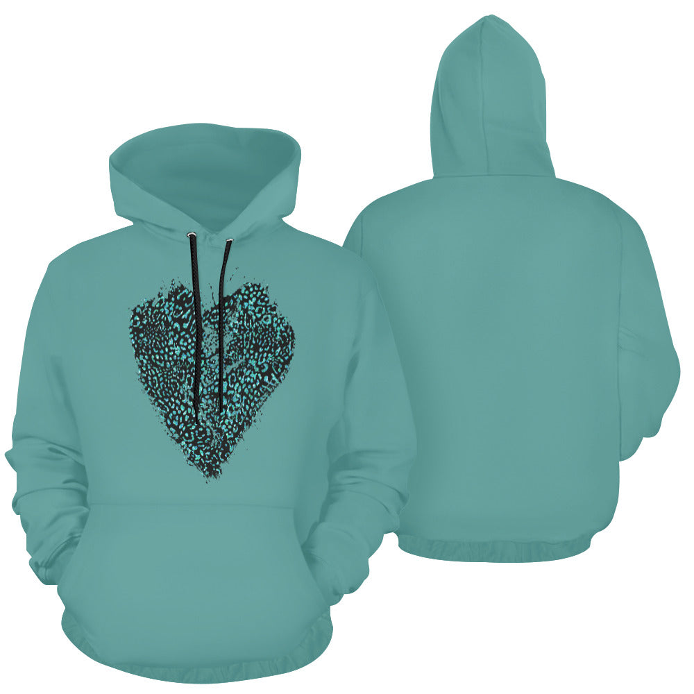 Black and Teal - Jaguar - Heart All Over Print Hoodie for Unisex (USA Size) (Model H13)